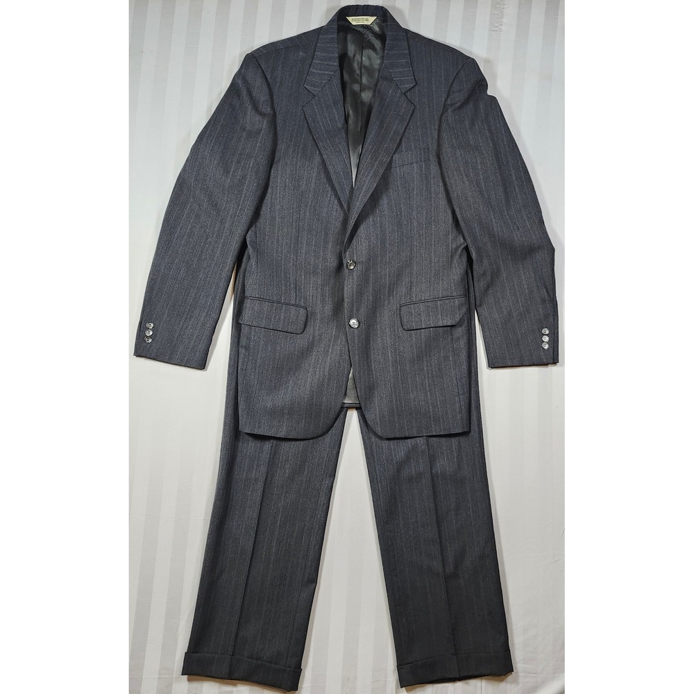 1990s Vintage Palm Beach Mens 100% Wool Pinstripe Suit Gray 2pc Blazer Pants USA